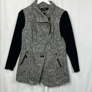 AIAngel Womens Jacket XL Black White Metallic Knit Sleeves Asym Front Zip Pocket